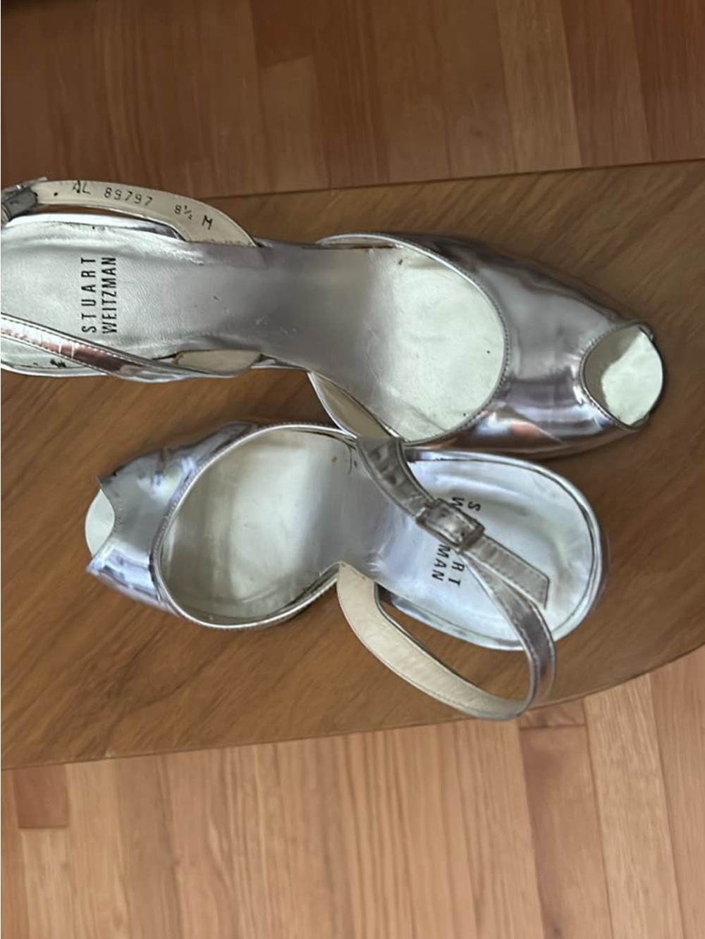 Stuart Weitzman Silver Metallic Peep-Toe Wedge Slingbacks